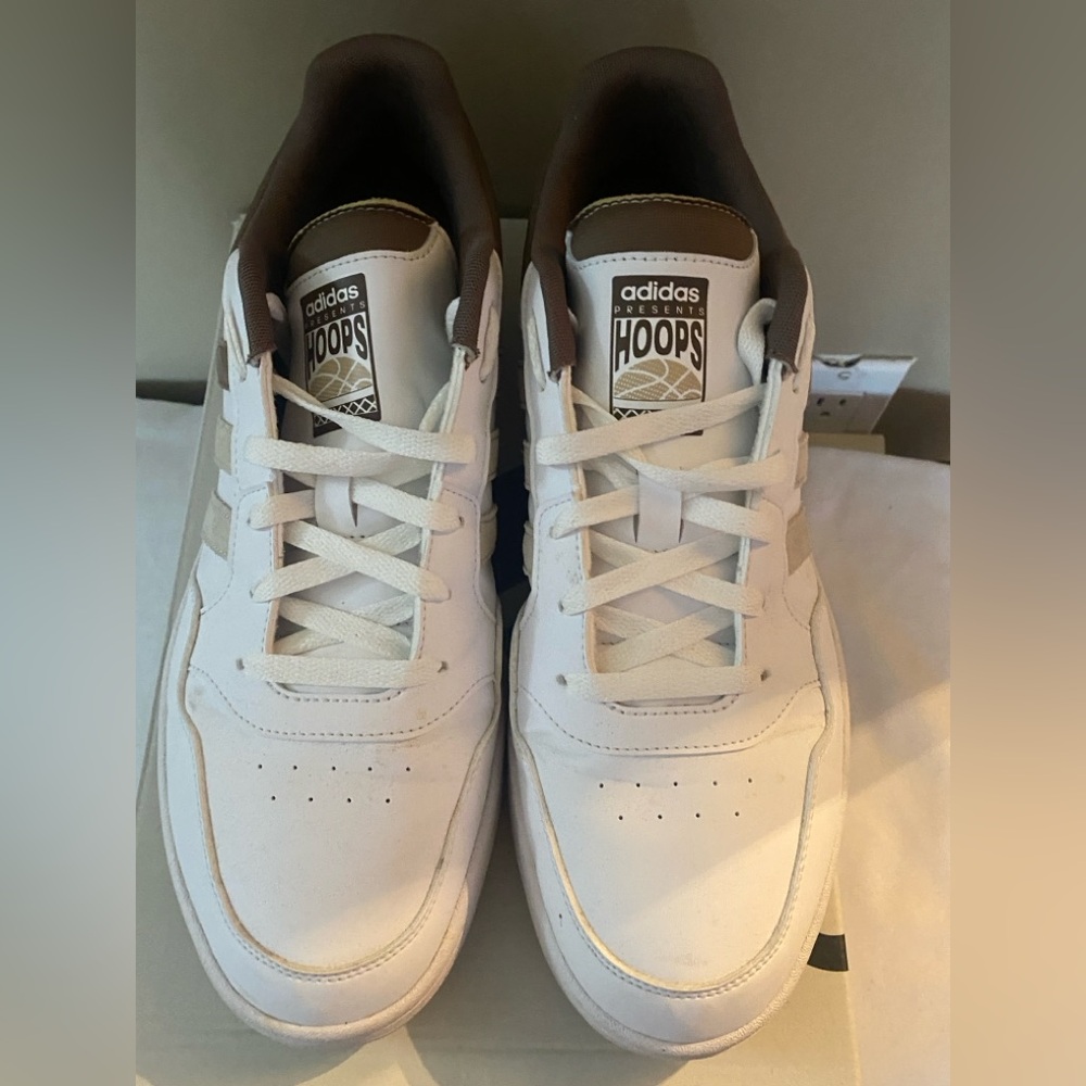 Adidas Men's White and Brown Hoops Sneakers